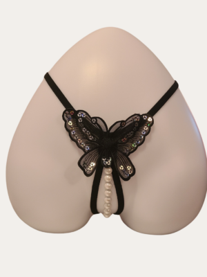 Pearly Butterfly Crotchless G String - Black