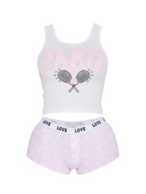Paris Please Shorts Set - Pink/White